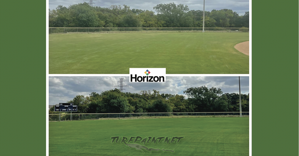 Painting a sports field in Texas provides this before and after with Endurant Premium turf colorant as liquid overseed with Horizon logo. 