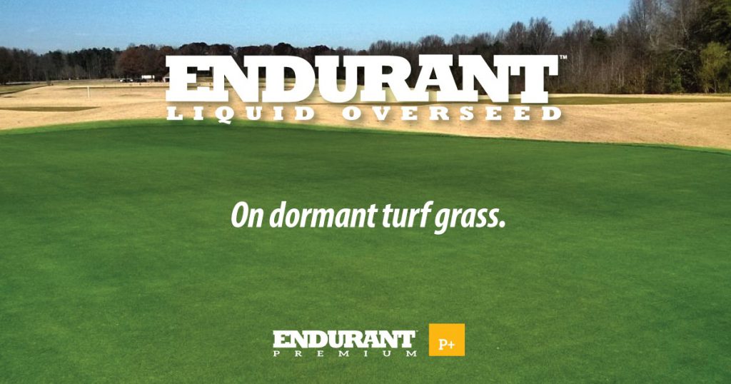 Endurant turf colorant applied to a dormant turf grass golf course with text Endurant liquid overseed Endurant Premium 
