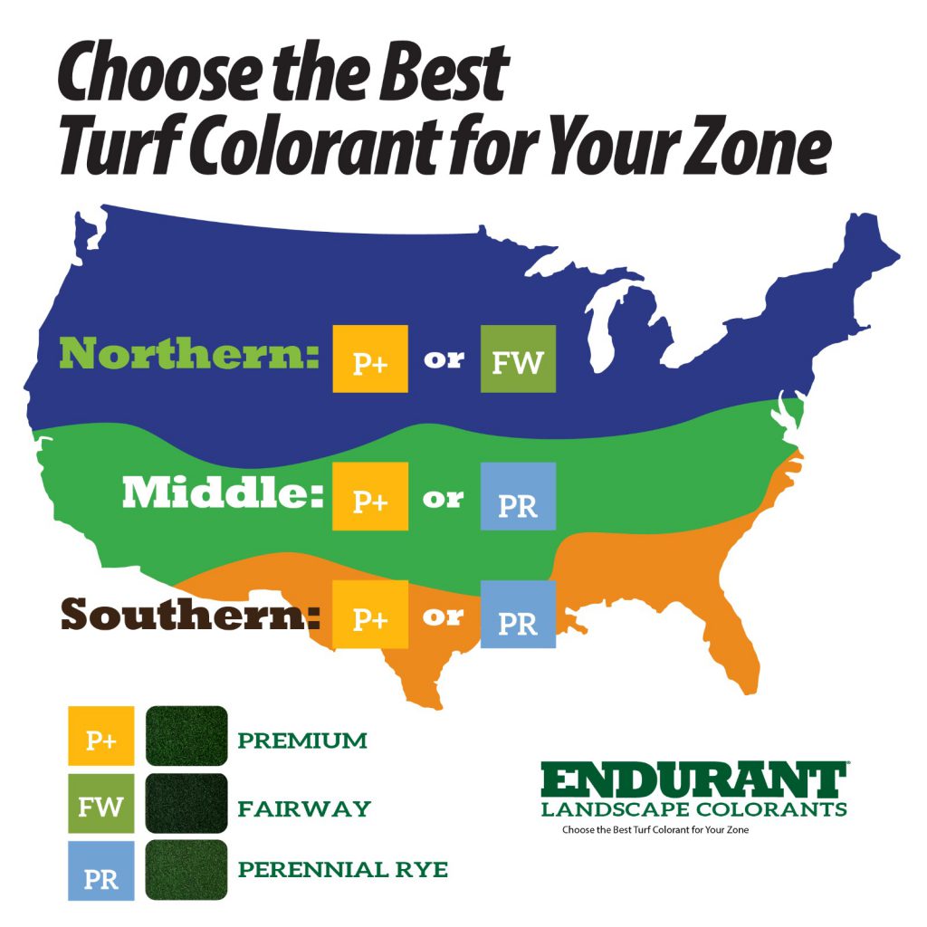 Map of U.S. shows the zones for warm and cool season grasses and the best turf grass colorant for each zone